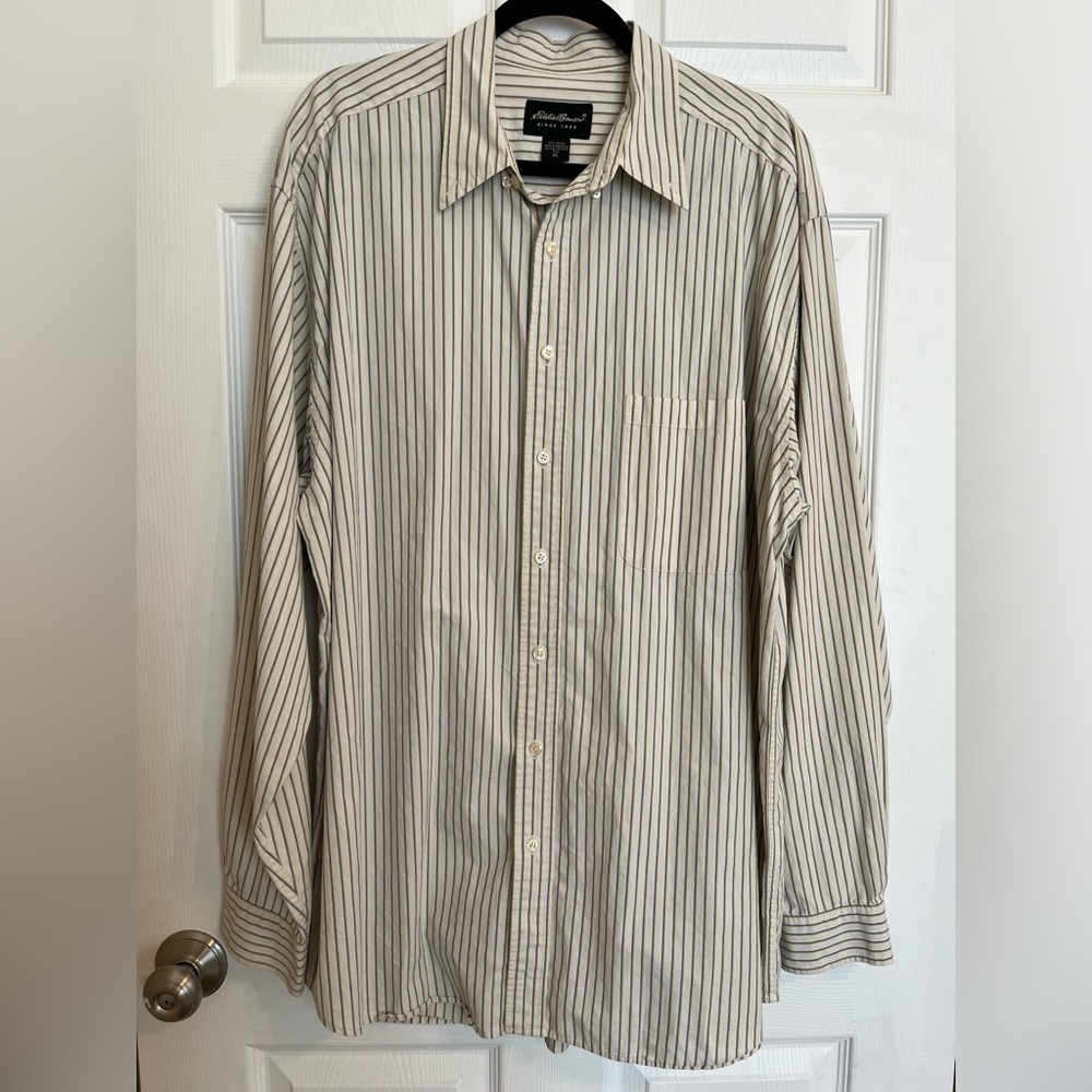 Eddie Bauer Button Down Shirt Mens XL Tall Long Sleeve Beige Striped Cotton